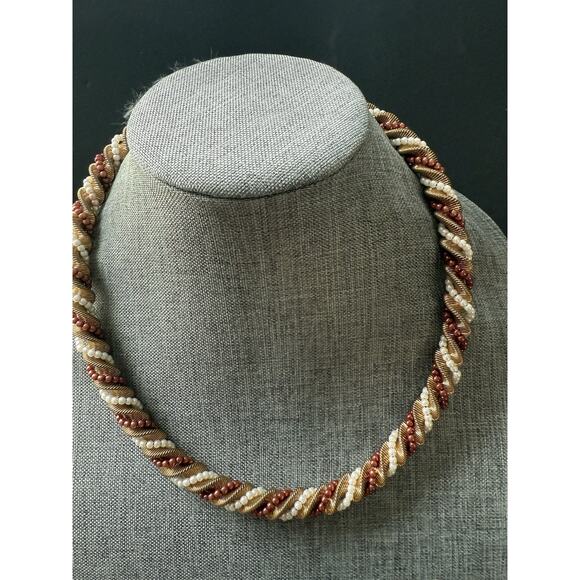 Vintage Jewelry - Vintage Twisted Rope Coil Bead Necklace Gold Tone Choker Collar Bib Y2K 80s 23”